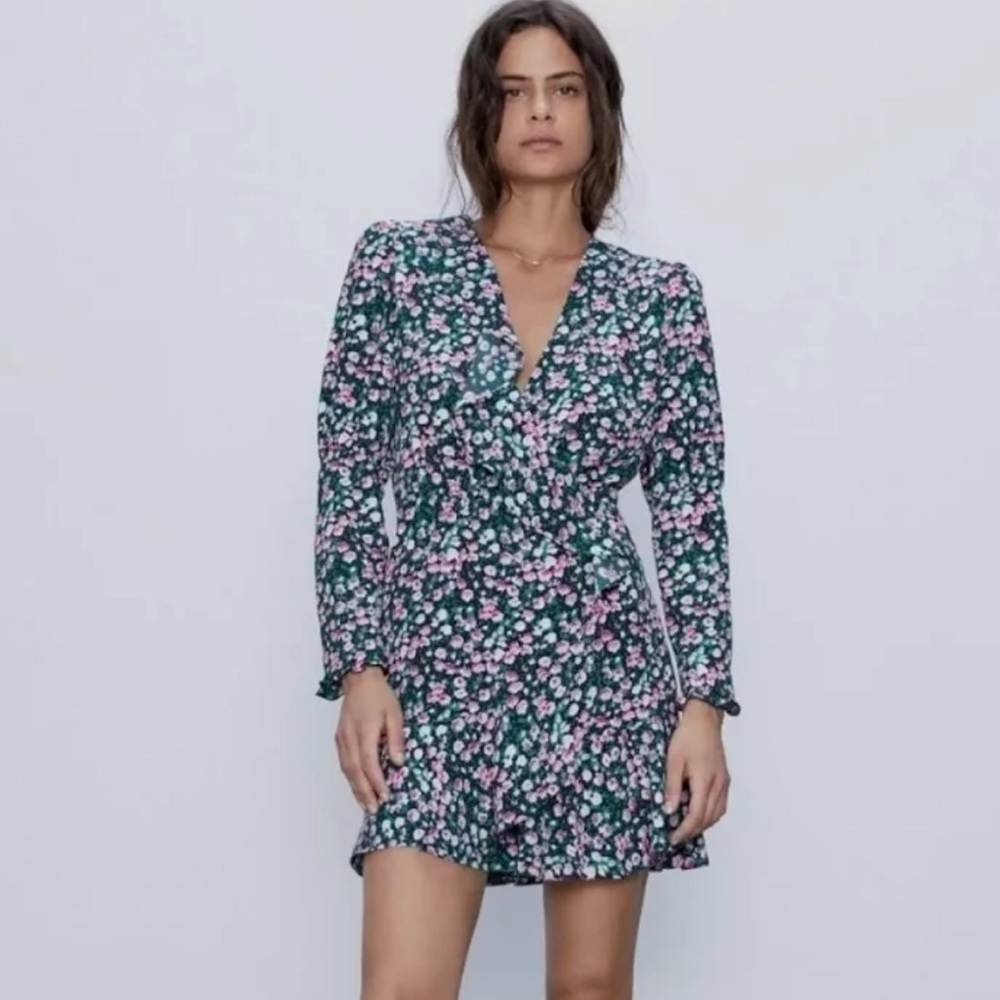 Zara floral wrap dress long sleeve ruffles size s